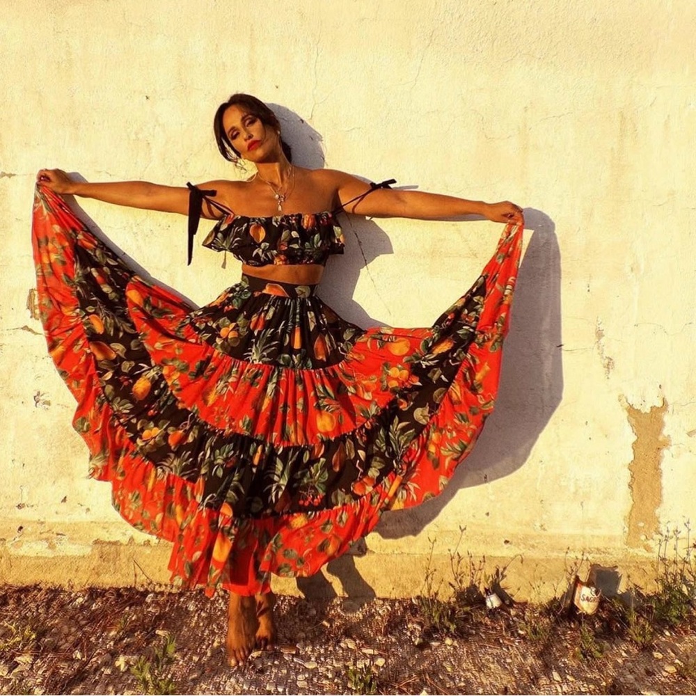Red and Black Ruffled Tiered Maxi Skirt & Top for Night Out